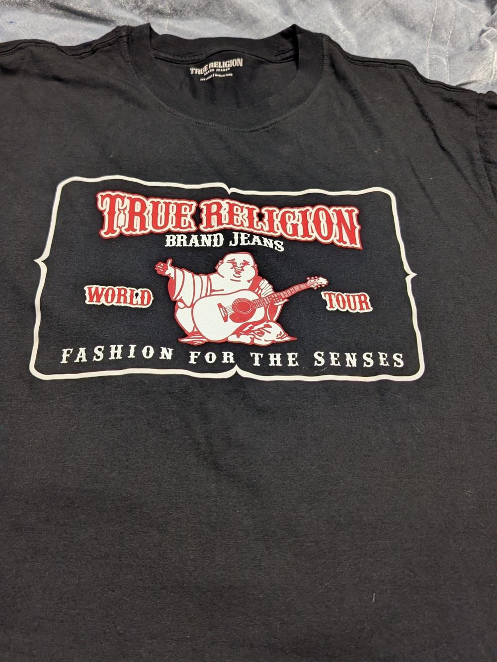 True Religion Black Tee with Red & White Graphic Buddha